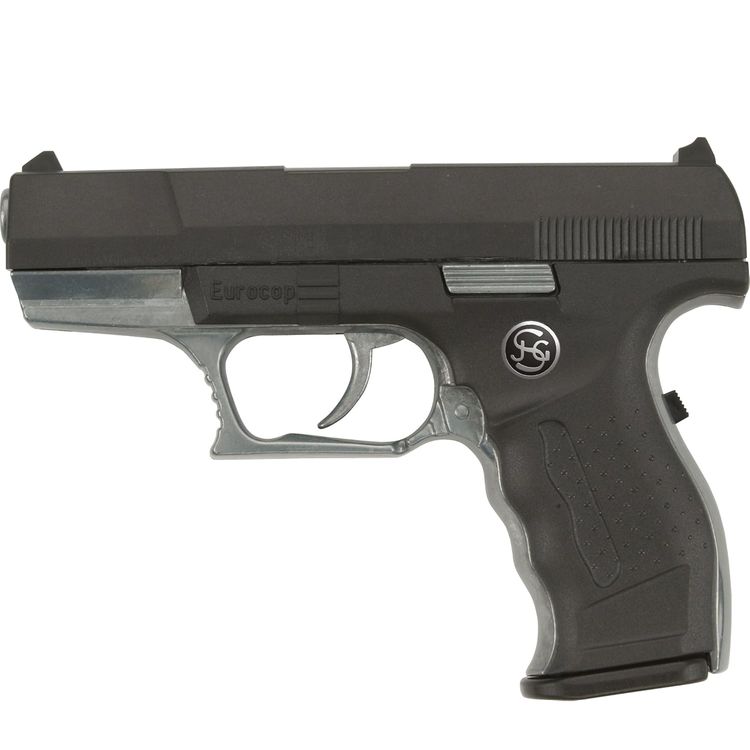 Pistole Eurocop Schwarz Silber 16,5 cm Polizei 13-Schuss-Pistole Pistole Eurocop Schwarz für Kinder und Erwachsene in der Verpackung von der Seite mit dem Hinweis einer 13-Schuss-Pistole