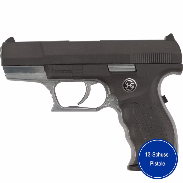 Pistole Eurocop Schwarz Silber 16,5 cm Polizei 13-Schuss-Pistole mit herausnehmbarem Magazin Kostüm-Zubehör Fasching Karneval Mottoparty Rollenspiel Pistole Eurocop Schwarz für Kinder und Erwachsene in der Verpackung von der Seite mit dem Hinweis einer 13-Schuss-Pistole