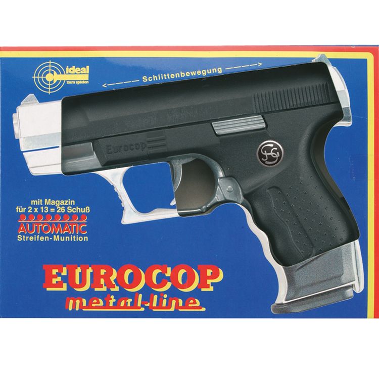 Pistole Eurocop Schwarz Silber 16,5 cm Polizei 13-Schuss-Pistole Pistole Eurocop Schwarz für Kinder und Erwachsene in der Verpackung von der Seite mit dem Hinweis einer 13-Schuss-Pistole