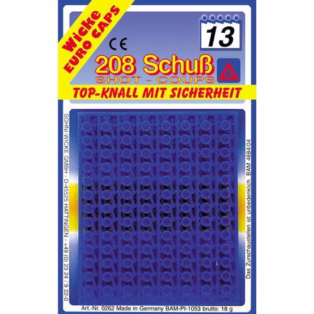 Spielzeug-Munition 13-Schuss Streifen-Munition 208 Schuss Blister für Pistolen Kostüm-Zubehör für Spielzeug-Waffen Fasching Karneval Mottoparty Spielzeug-Munition 13-Schuss Streifen-Munition in einem Blister von Vorne