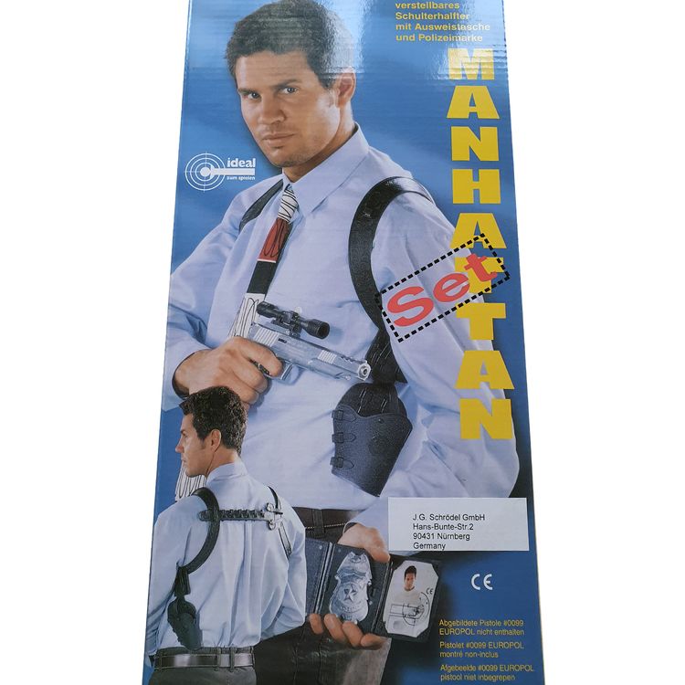 Schulterholster Polizei verstellbares Schulterhalfter mit Polizeimarke & Ausweis für Erwachsene Schulterholster-Set bestehend aus Schulterhalfter Holster Polizeimarke und Polizei-Ausweishülle von Vorne