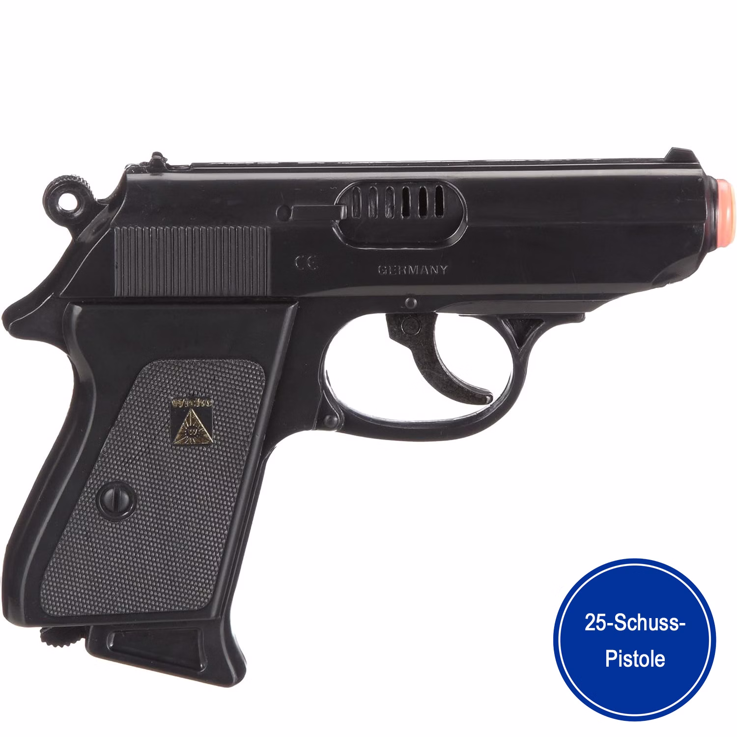 Polizei Pistole Percy Agent 158 Schwarz 15,8 cm 25-Schuss Spielzeug-Pistole Kostüm-Zubehör Fasching Karneval Rollenspiel Mottoparty Polizei Pistole Percy Schwarz von der Seite