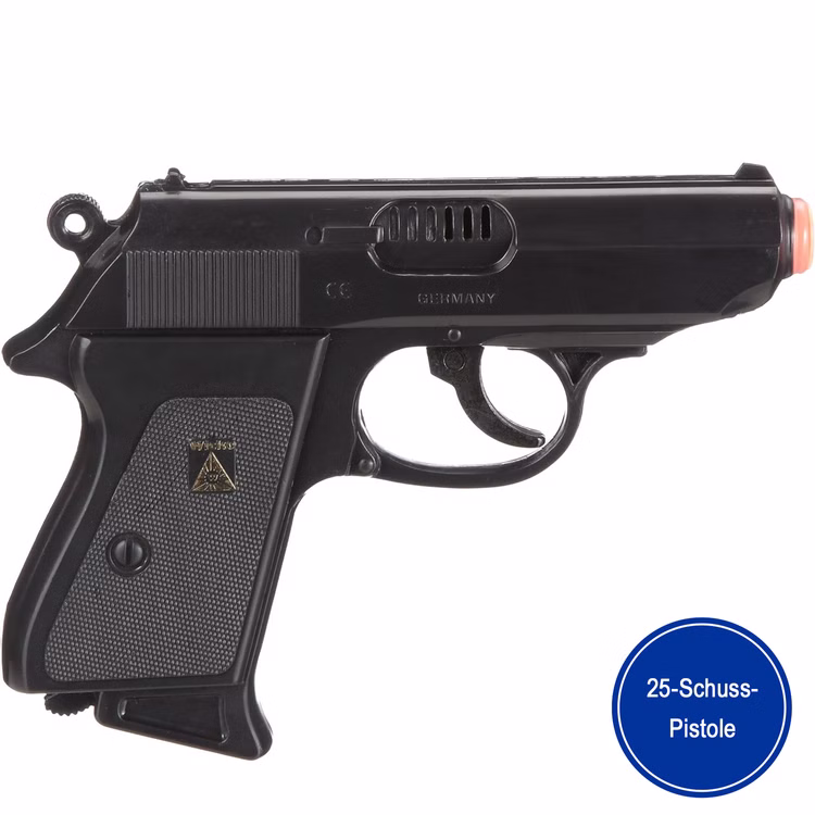 Polizei Pistole Percy Agent 158 Schwarz 15,8 cm 25-Schuss Spielzeug-Pistole Kostüm-Zubehör Fasching Karneval Rollenspiel Mottoparty Polizei Pistole Percy Schwarz von der Seite