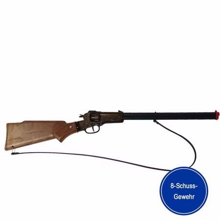 Cowboy Gewehr Rapid Fire 8 Western 65,5 cm 8-Schuss-Gewehr Kostüm-Zubehör Fasching Karneval Rollenspiel Mottoparty Cowboy Gewehr Rapid Fire 8 von der Seite mit dem Hinweis dass es sich um ein 8-Schuss-Gewehr handelt