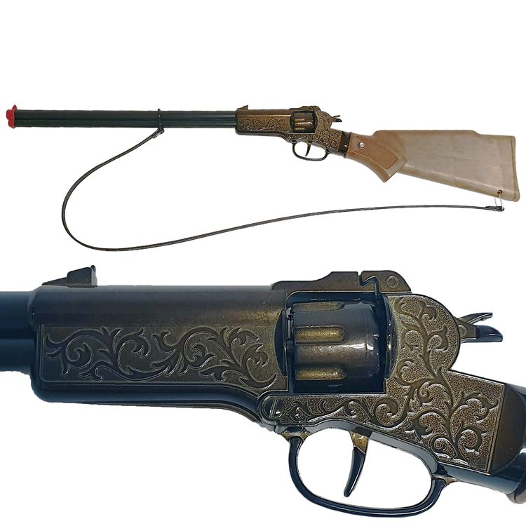 Cowboy Gewehr Rapid Fire 8 von der Seite mit dem Hinweis dass es sich um ein 8-Schuss-Gewehr handelt