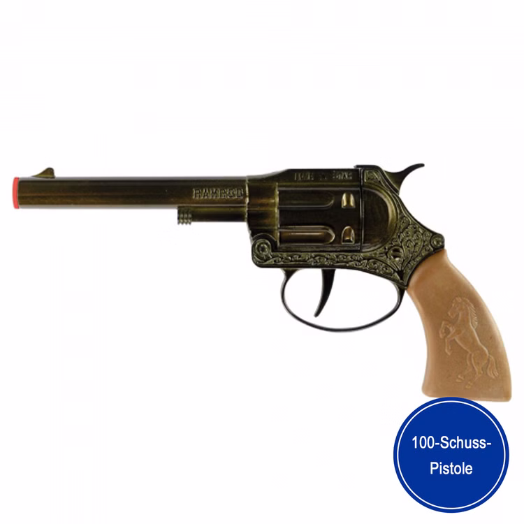 Sheriff Pistole Ramrod 17,8 cm Western 100 Schuss-Gewehr Cowboy Kostüm-Zubehör Fasching Karneval Rollenspiel Mottoparty Sheriff Pistole Ramrod von der Seite mit Hinweis einer 100 Schuss Pistole