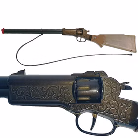 Cowboy Gewehr Rapid Fire 8 Western 65,5 cm inkl. 144 Schuss Munition Kostüm-Zubehör Fasching Karneval Rollenspiel Mottoparty Komplettaufnahme Cowboy Gewehr Rapid Fire 8 und darunter Detailaufnahme des Abzugs von der Seite