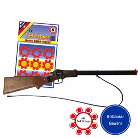 Cowboy Gewehr Rapid Fire 8 Western 65,5 cm inkl. 144 Schuss Munition Kostüm-Zubehör Fasching Karneval Rollenspiel Mottoparty Cowboy Gewehr Rapid Fire 8 mit 8-Schuss-Ring-Munition von der Seite mit dem Hinweis dass es sich um ein 8-Schuss-Gewehr handelt und 8-Schuss-Ringe-Munition benötigt werden