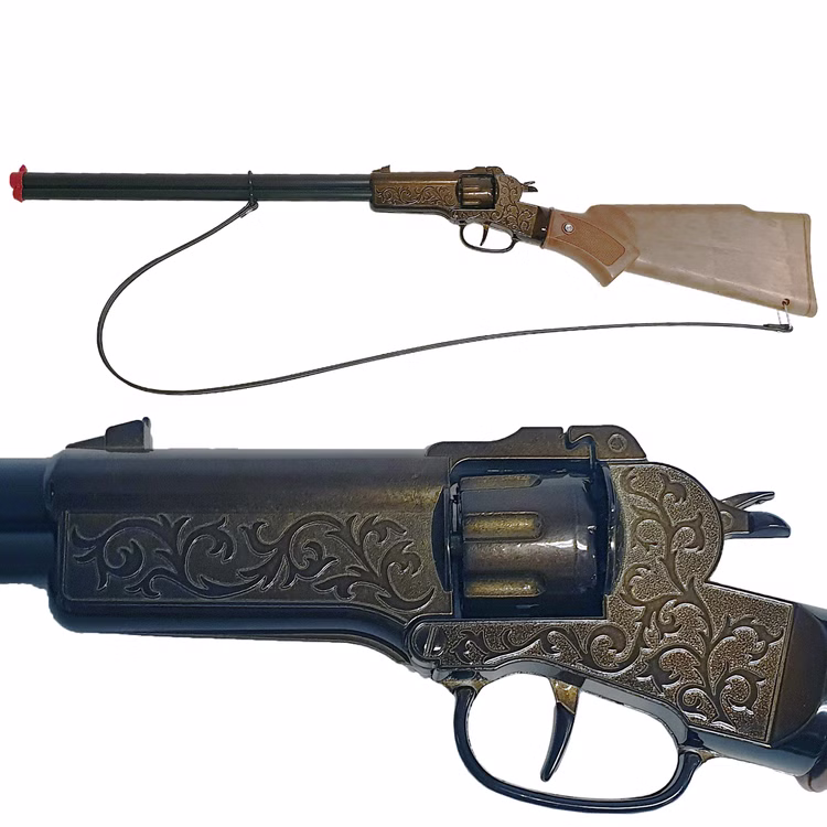 Cowboy Gewehr Rapid Fire 8 Western 65,5 cm inkl. 144 Schuss Munition Kostüm-Zubehör Fasching Karneval Rollenspiel Mottoparty Komplettaufnahme Cowboy Gewehr Rapid Fire 8 und darunter Detailaufnahme des Abzugs von der Seite