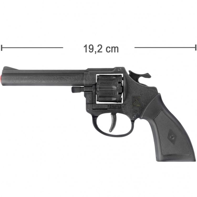 Spielzeug-Pistole Schwarz von der Seite mit passender 8-Schuss-Ring-Munition