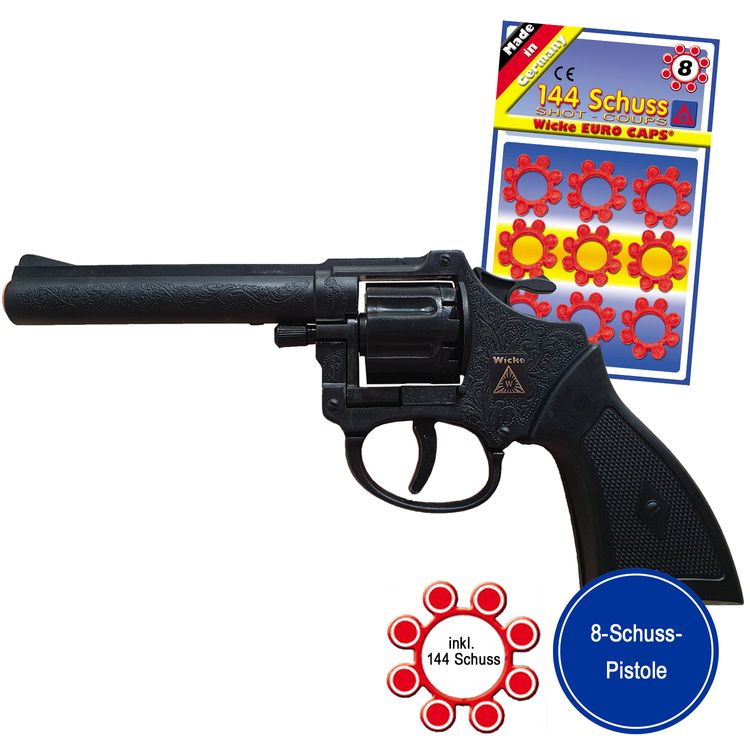 Spielzeug-Pistole Schwarz von der Seite mit passender 8-Schuss-Ring-Munition