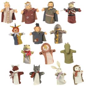 Übersicht über die 14 Handpuppen vor weißem Hintergrund von Vorne.