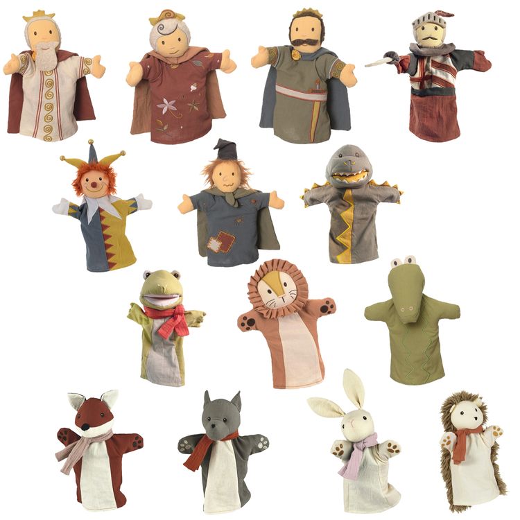 Hochwertiges Handpuppen-Set XXL 14 Spielpuppen für Puppen- und Kasperletheater Übersicht über die 14 Handpuppen vor weißem Hintergrund von Vorne.