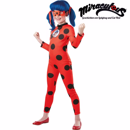 Miraculous Ladybug Lizenzkostüm mit Maske für Kinder Mädchen im Miraculous Ladybug Lizenzkostüm mit Maske und Miraculous-Logo von Vorne.