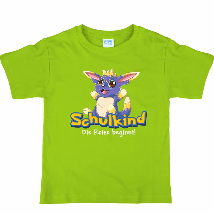 Schulkind T-Shirt Die Reise beginnt Grün Fantasie-Tier für Kinder Gr. 122-140 Schule ABC-Schütze Geschenkidee Zuckertüte Schultüte Erstklässler Schulstart Schulkind T-Shirt Die Reise beginnt Grün Fantasie-Tier für Kinder von Vorne