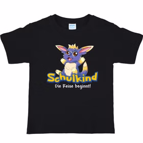 Schulkind T-Shirt Die Reise beginnt Schwarz Fantasie-Tier für Kinder von Vorne
