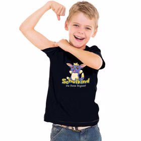 Schulkind T-Shirt Die Reise beginnt Schwarz Fantasie-Tier für Kinder von Vorne