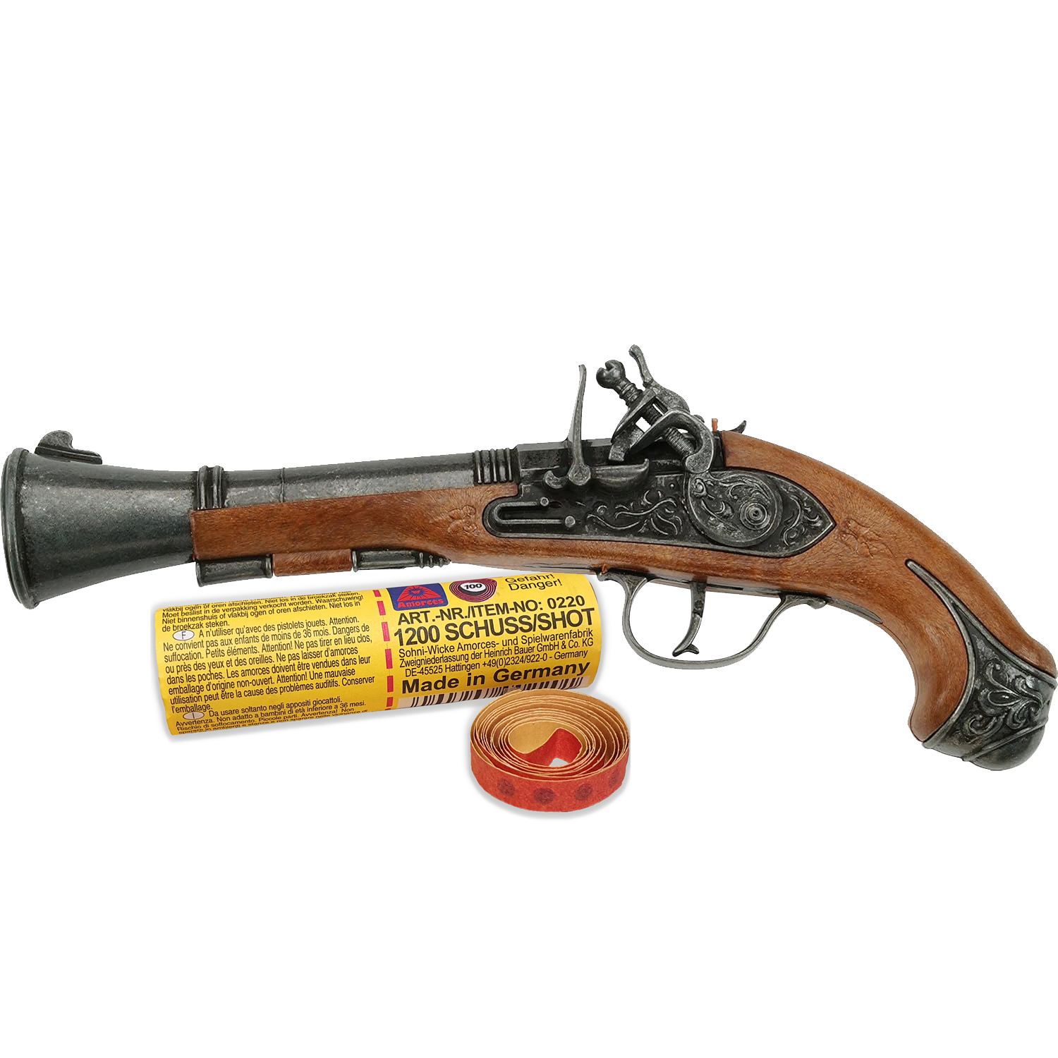 Piraten Pistole 27 cm Braun Silber Blunderbuss inkl. 1200 Schuss Munition Piraten Pistole 27 cm Braun Silber Blunderbuss inkl. 1200 Schuss Munition