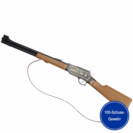 Western Gewehr 73 cm Kansas Kid Braun Schwarz 100-Schuss-Gewehr Kostüm-Zubehör Cowboy Wilder Western Sheriff Fasching Karneval Mottoparty Western Gewehr 73 cm Kansas Kid Braun Schwarz von der Seite mit dem Hinweis eines 100-Schuss Gewehres