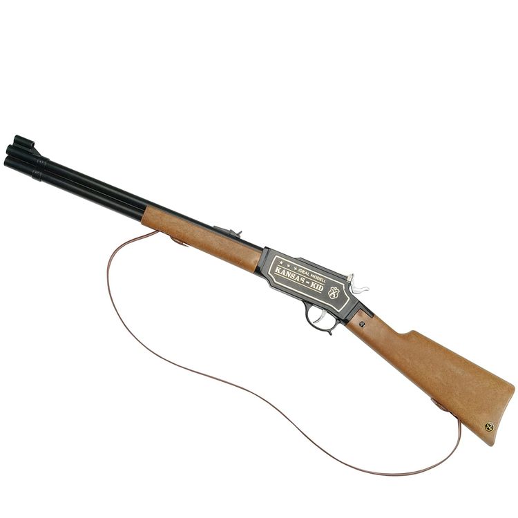 Western Gewehr 73 cm Kansas Kid Braun Schwarz 100-Schuss-Gewehr Western Gewehr 73 cm Kansas Kid Braun Schwarz von der Seite mit dem Hinweis eines 100-Schuss Gewehres
