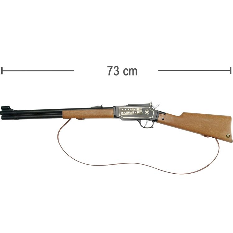 Western Gewehr 73 cm Kansas Kid Braun Schwarz 100-Schuss-Gewehr Western Gewehr 73 cm Kansas Kid Braun Schwarz von der Seite mit dem Hinweis eines 100-Schuss Gewehres