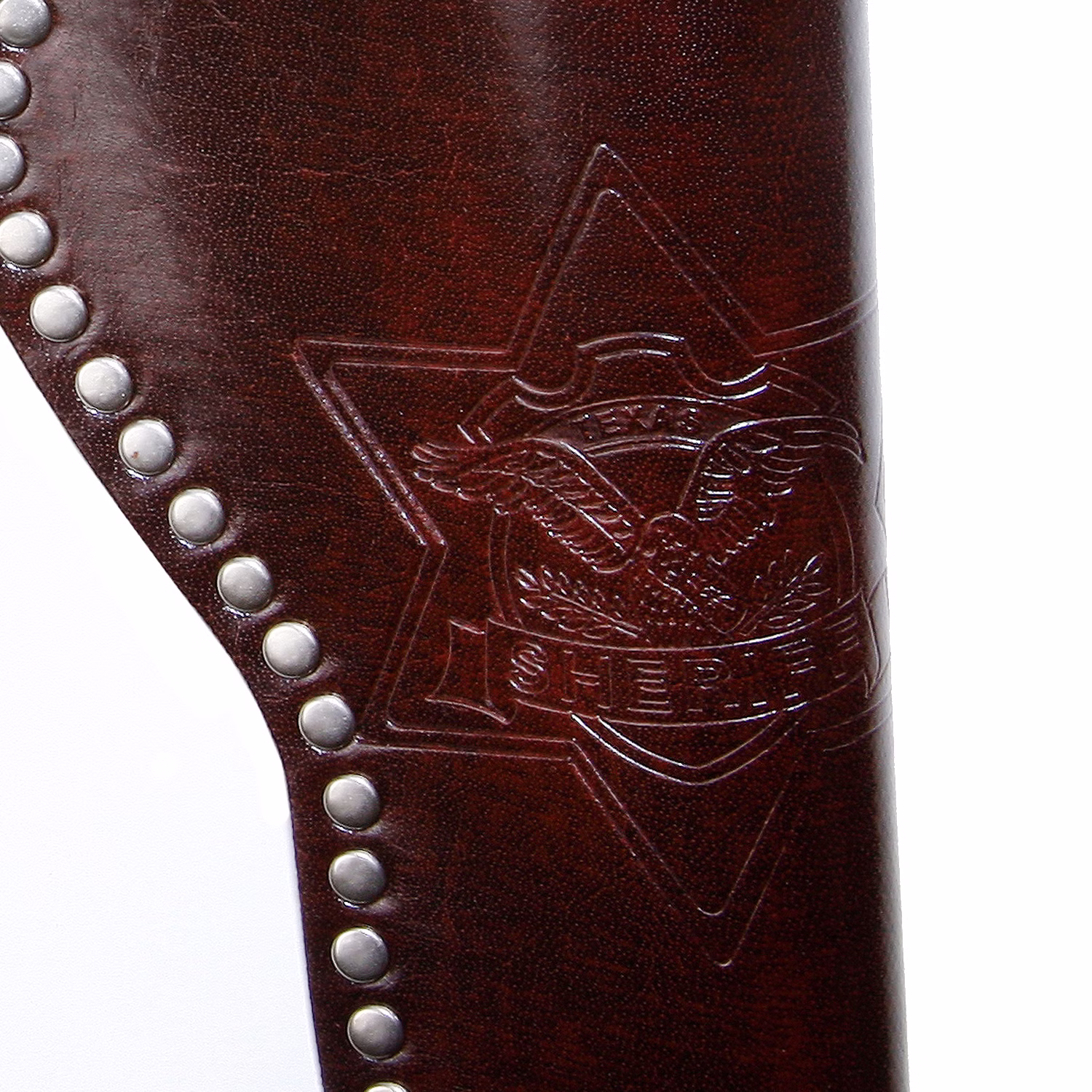 Cowboy Gürtel 95-135 cm Western Braun aus Kunstleder & Metall inkl. Holster Kostüm-Zubehör Western-Accessoire Fasching Karneval Mottoparty Detailansicht der braunes Holster mit Aufschrift Texas Sheriff und Raubvogel-Motiv von Vorn