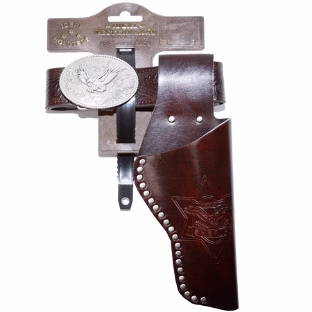 Cowboy Gürtel 95-135 cm Western Braun aus Kunstleder & Metall inkl. Holster Kostüm-Zubehör Western-Accessoire Fasching Karneval Mottoparty Brauner Cowboy Gürtel mit Holster und silberner Schnalle mit Adler-Motiv von Vorne