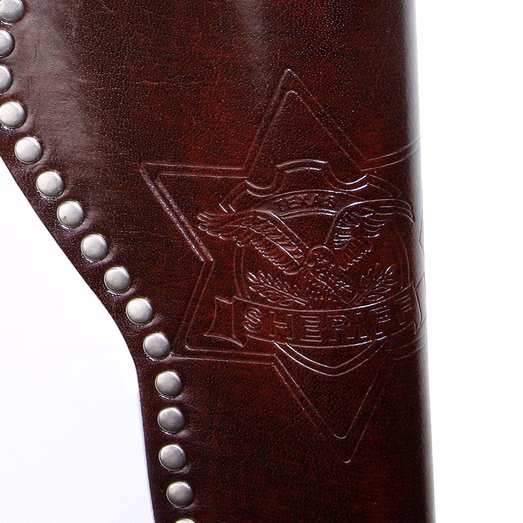 Cowboy Gürtel 95-135 cm Western Braun aus Kunstleder & Metall inkl. Holster Kostüm-Zubehör Western-Accessoire Fasching Karneval Mottoparty Detailansicht der braunes Holster mit Aufschrift Texas Sheriff und Raubvogel-Motiv von Vorn