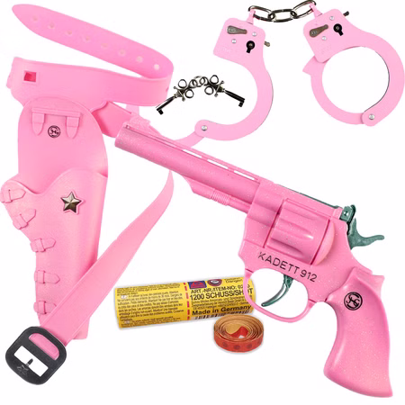 Pride Western-Set Pink Pistole Kadett 912 Handschellen Gürtel mit Holster inkl. 1200 Schuss Munition Kostüm-Zubehör Cowgirl Pride Fasching Karneval Mottoparty Western-Set in pinker Farbe bestehend aus einer Spielzeug-Pistole Spielzeug-Handschellen Gürtel mit Holster und passender Munition