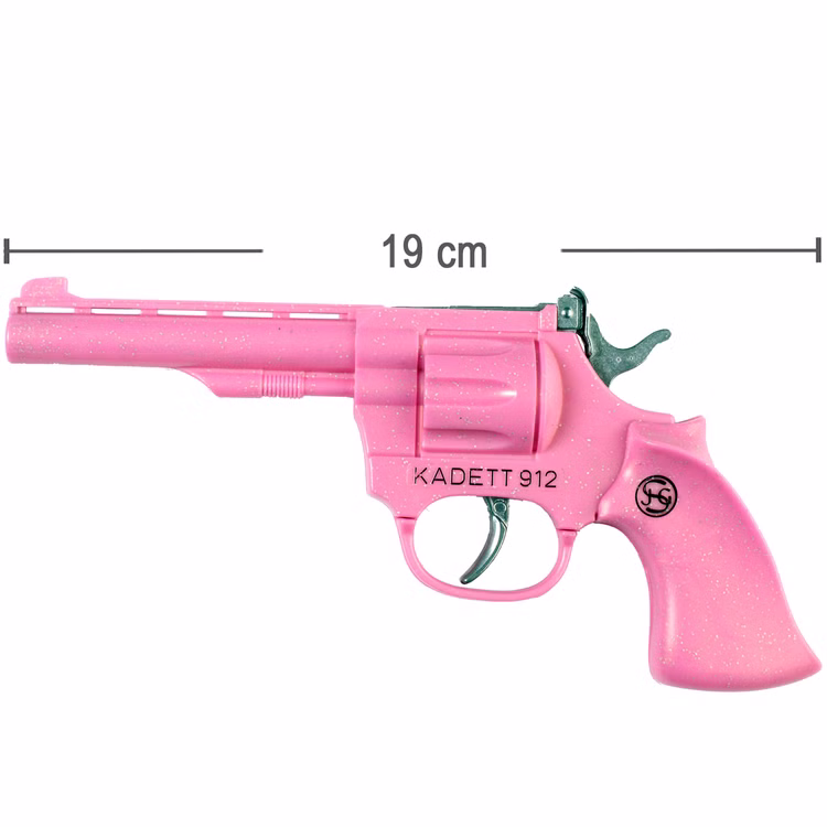 Pride Western-Set Pink Pistole Kadett 912 Handschellen Gürtel mit Holster inkl. 1200 Schuss Munition Kostüm-Zubehör Cowgirl Pride Fasching Karneval Mottoparty Rosafarbene Western-Pistole von der Seite mit Maßangaben von 19 Zentimeter Länge
