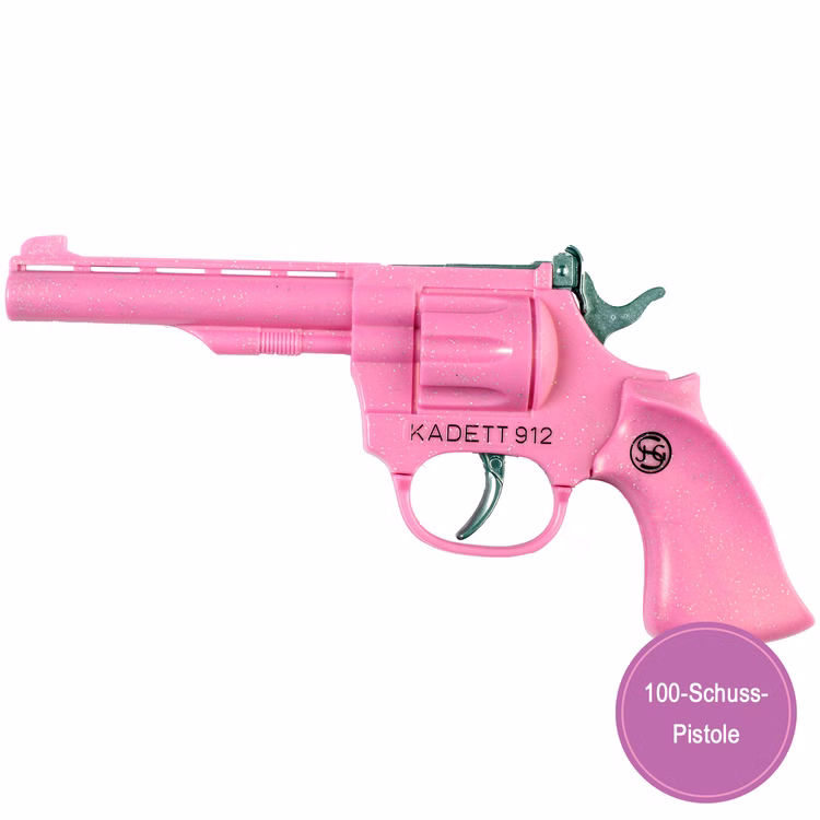Pride Western-Set Pink Pistole Kadett 912 Handschellen Gürtel mit Holster inkl. 1200 Schuss Munition Kostüm-Zubehör Cowgirl Pride Fasching Karneval Mottoparty Rosa Western-Pistole von der Seite mit Hinweis einer 100-Schuss-Pistole