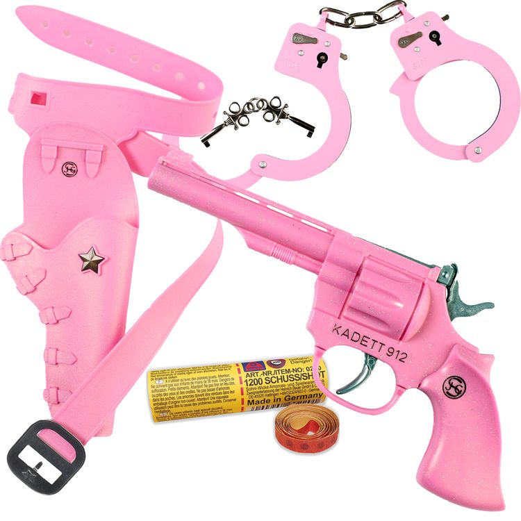 Western-Set in pinker Farbe bestehend aus einer Spielzeug-Pistole Spielzeug-Handschellen Gürtel mit Holster und passender Munition