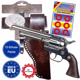 Brauner Cowboy-Gürtel mit Holster und Cowboy-Pistole mit Munition im Blister mit Hinweisen zur Munition und einer 12-Schuss-Pistole und Made in EU