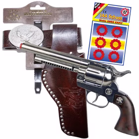 Brauner Cowboy-Gürtel mit Holster und Cowboy-Pistole mit Munition im Blister 
