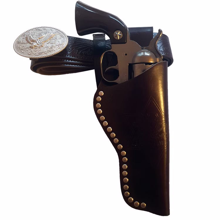 Cowboy Gürtel 95-135 cm Braun mit Western-Pistole inkl. 144 Schuss-Munition Kostüm-Zubehör Cowboy-Set Western Fasching Karneval Mottoparty Brauner Cowboy-Gürtel und Pistole im Holster steckend von Vorn