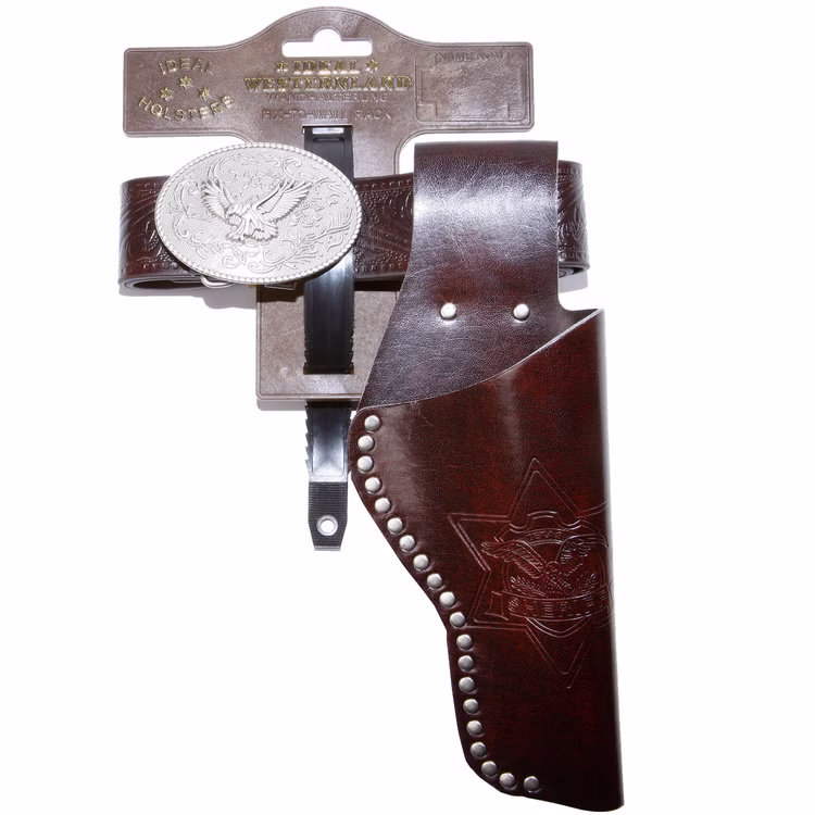 Cowboy Gürtel 95-135 cm Braun mit Western-Pistole inkl. 144 Schuss-Munition Kostüm-Zubehör Cowboy-Set Western Fasching Karneval Mottoparty Brauner Cowboy Gürtel mit Holster und silberner Schnalle mit Adler-Motiv von Vorne