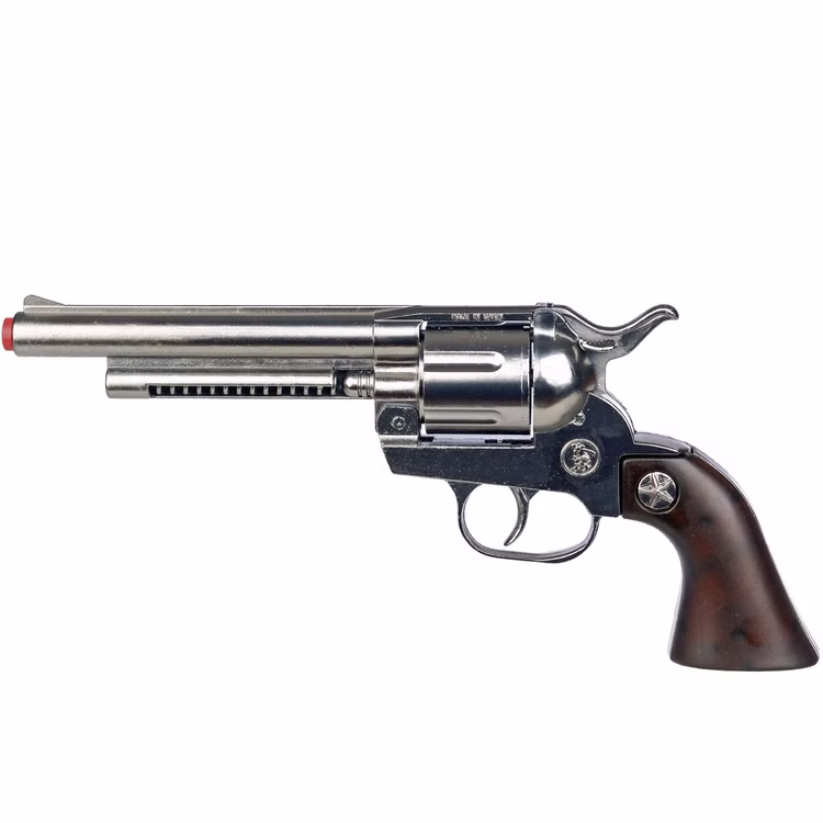 Cowboy Gürtel 95-135 cm Braun mit Western-Pistole inkl. 144 Schuss-Munition Kostüm-Zubehör Cowboy-Set Western Fasching Karneval Mottoparty Cowboy Pistole 25 cm lang silbern braun 12 Schuss Western-Revolver von der Seite