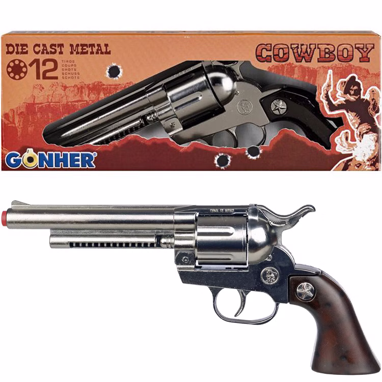 Cowboy Gürtel 95-135 cm Braun mit Western-Pistole inkl. 144 Schuss-Munition Kostüm-Zubehör Cowboy-Set Western Fasching Karneval Mottoparty Cowboy Pistole in der Verpackung und darunter ohne Verpackung