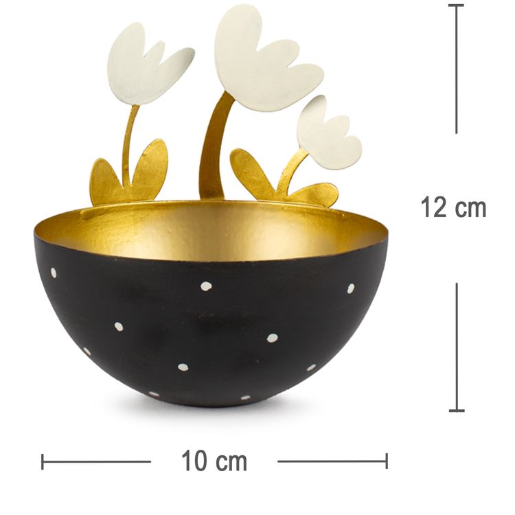 Schale aus Metall mit 3 Blumen Schwarz Gold Teelicht Ostern Frühling Tisch-Deko