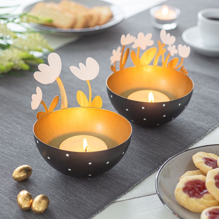 Schale aus Metall mit 3 Blumen Schwarz Gold Teelicht Ostern Frühling Tisch-Deko