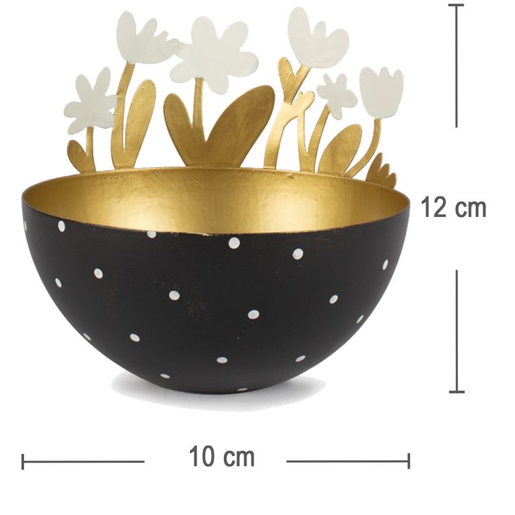Schale aus Metall mit 6 Blumen Schwarz Gold Teelicht Ostern Frühling Tisch-Deko