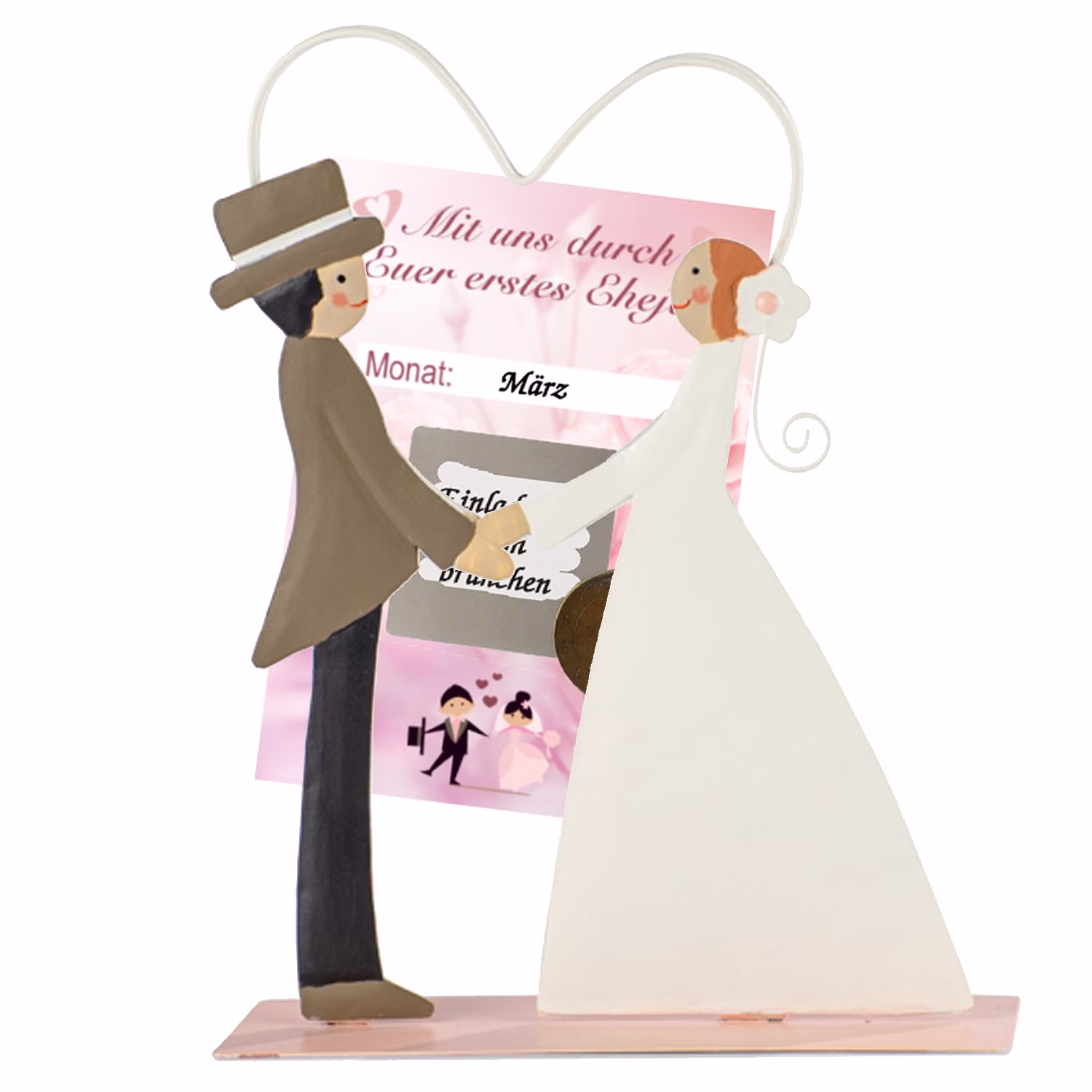 Brautpaar aus Metall 16 cm mit Herz-Clip für Gutscheine Geschenkidee zur Hochzeit Heiraten Ja ich will Brautpaar aus Metall mit Herz-Clip von der Seite mit Gutschein-Karte zum Freirubbeln