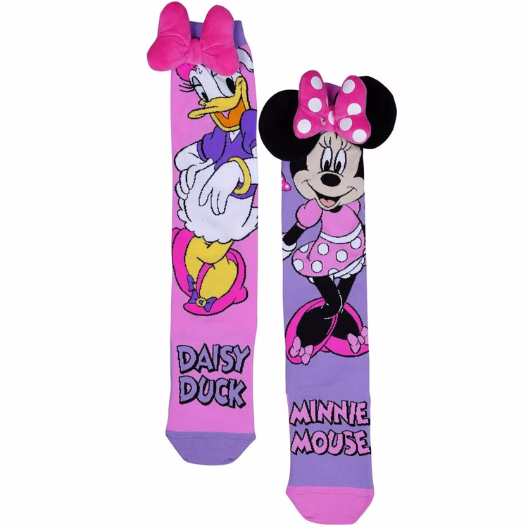 Lustige Minnie & Daisy Socken Pink Lila mit 3D-Effekt für Kinder und Erwachsene Kniestrümpfe Geschenkidee Kindersocken Socken für Erwachsene Spaßsocken Kostüm-Zubehör „Daisy-Duck- und Minnie-Mouse-Kniestrümpfe in Pink und Lila im Set, verziert mit weichen 3D-Schleifen-Applikationen.“
