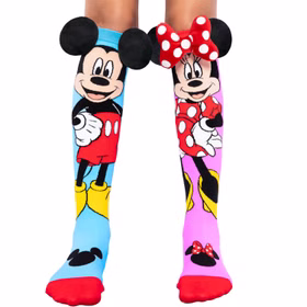 Lustige Mickey & Minnie Socken Bunt mit 3D-Effekt für Kinder und Erwachsene Kniestrümpfe Geschenkidee Kindersocken Socken für Erwachsene Spaßsocken Kostüm-Zubehör Kniestrümpfe Geschenkidee Kindersocken Socken für Erwachsene Spaßsocken Kostüm-Zubehör Bunte Kniestrümpfe mit Mickey und Minnie Mouse, jeweils mit großen 3D-Ohren und Schleife am oberen Rand.