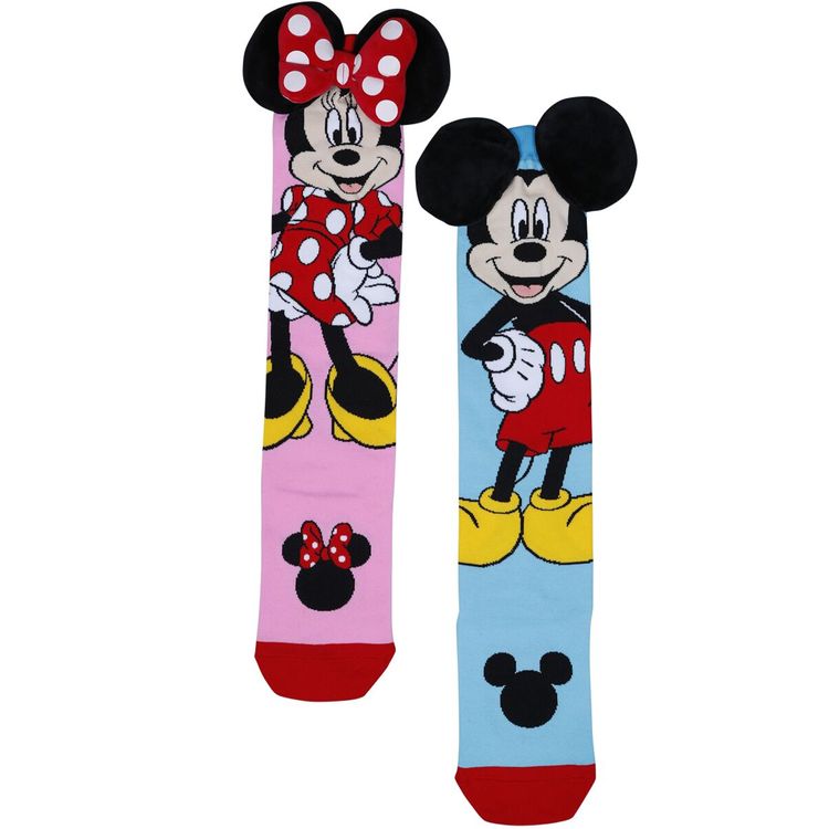 Bunte Kniestrümpfe mit Mickey und Minnie Mouse, jeweils mit großen 3D-Ohren und Schleife am oberen Rand.