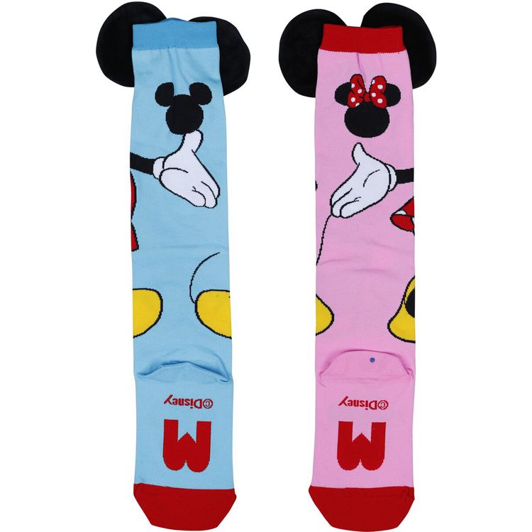Bunte Kniestrümpfe mit Mickey und Minnie Mouse, jeweils mit großen 3D-Ohren und Schleife am oberen Rand.