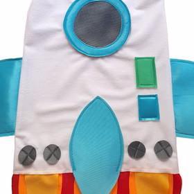 Raketen Kostüm Aero Space Weltraum für Kinder Gr. 116 weiß Fasching Karneval Mottoparty Detailaufnahme Raketen Kostüm Aero Space Weltraum für Kinder von Vorne mit aufgenähtem Bullauge und Knöpfen von Vorne