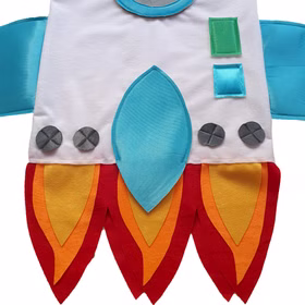 Raketen Kostüm Aero Space Weltraum für Kinder Gr. 116 weiß Fasching Karneval Mottoparty Detailaufnahme Raketen Kostüm Aero Space Weltraum für Kinder von Vorne mit angenähten Flammen in Rot Orange und Gelb