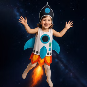 Raketen Kostüm Aero Space Weltraum für Kinder Gr. 116 weiß Fasching Karneval Mottoparty Raketen Kostüm Aero Space Weltraum für Kinder mit ausgestreckten Armen im Weltraum fliegend von Vorne