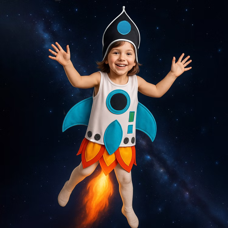 Raketen Kostüm Aero Space Weltraum für Kinder Gr. 116 weiß Fasching Karneval Mottoparty Raketen Kostüm Aero Space Weltraum für Kinder mit ausgestreckten Armen im Weltraum fliegend von Vorne
